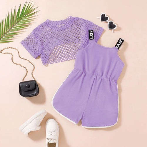 Girls Lavender Typographic Print Playsuit With Crop Top Playsuits
