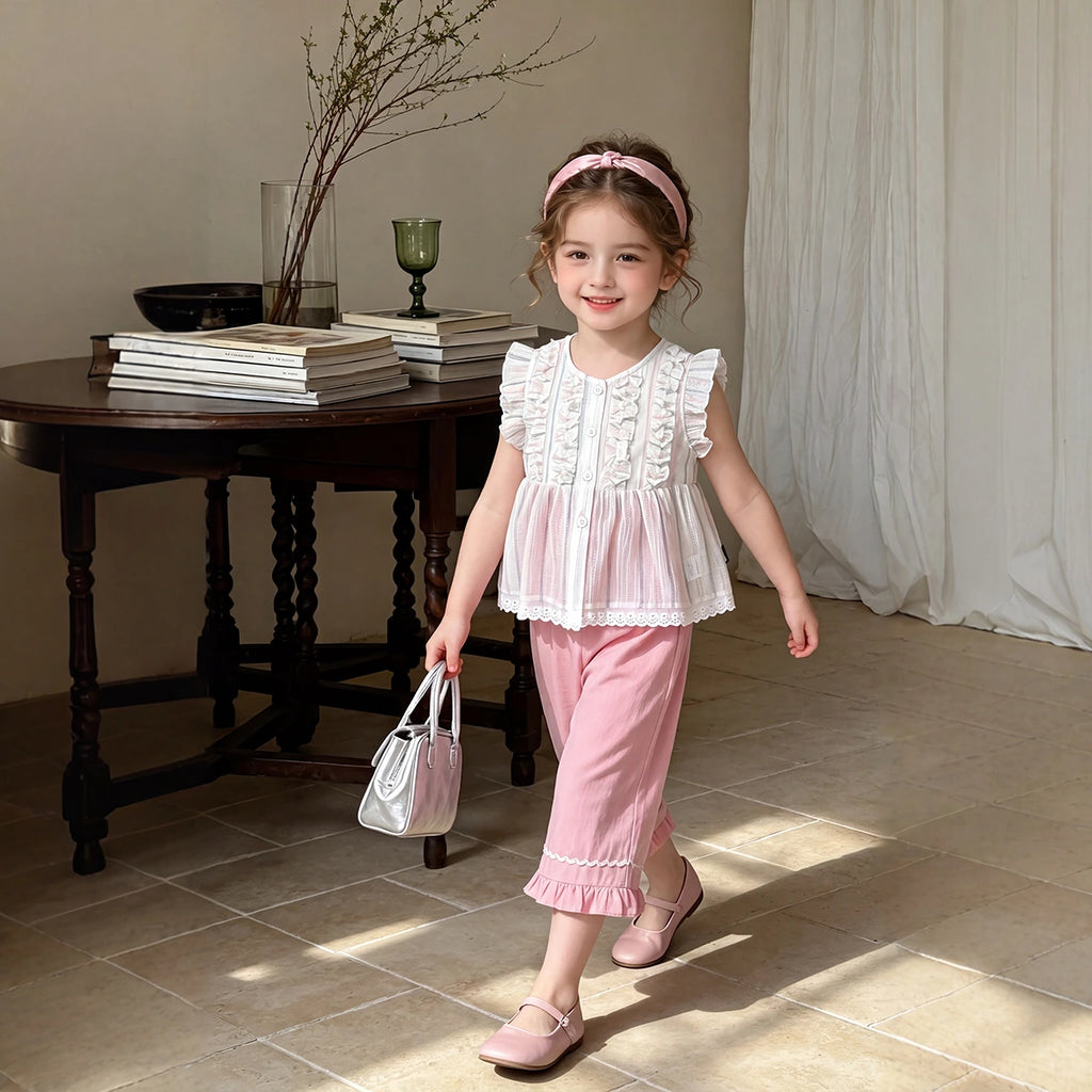 Girls Striped Ruffle Top With Light Pink Capri Sets 2 pc. Sets