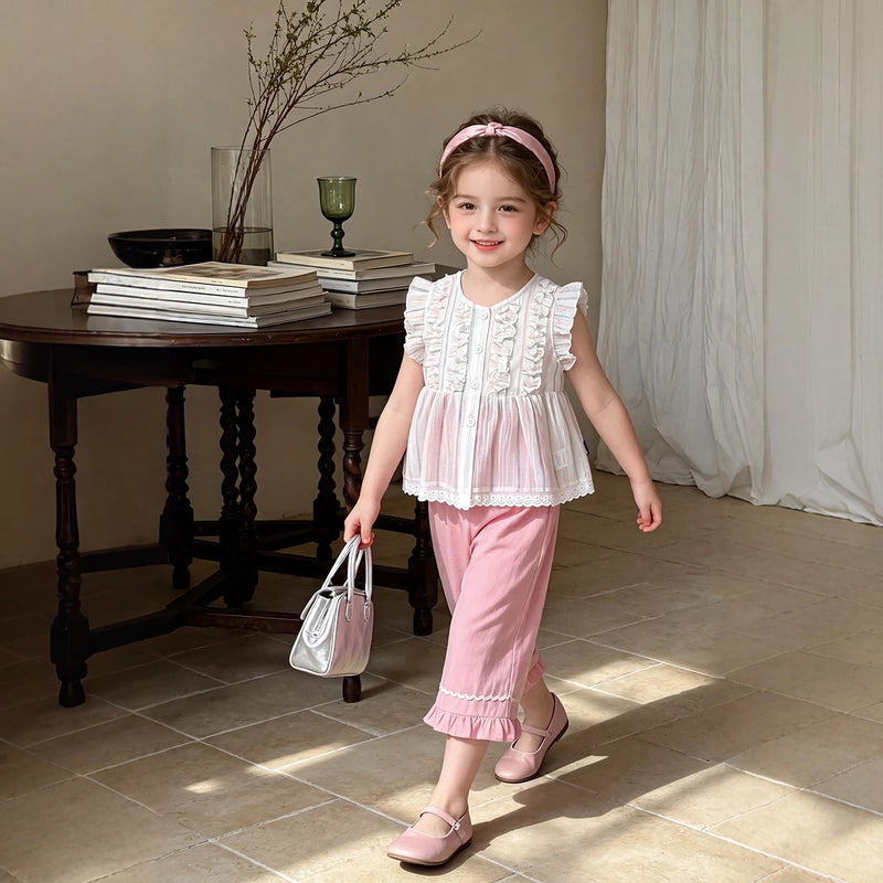 Girls Striped Ruffle Top With Light Pink Capri Sets 2 pc. Sets