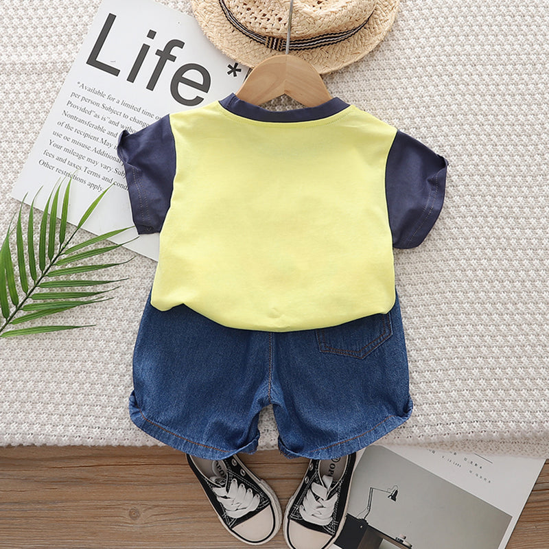 Boys Yellow Short Sleeve Champ Dino Print T-shirt With Denim Shorts Set 2 pc. Sets