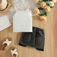 Girls White 3D Flower Applique Sleeveless Top With Denim Skirt Sets Sets