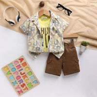 Boys Yellow Typographic Shirt With Printed T-Shirt And Twill Shorts Sets 3 pc. Sets Yellow 9-12 M