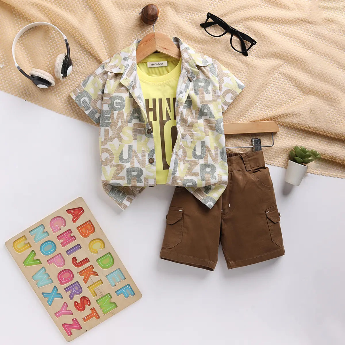 Boys Yellow Typographic Shirt With Printed T-Shirt And Twill Shorts Sets 3 pc. Sets Yellow 9-12 M