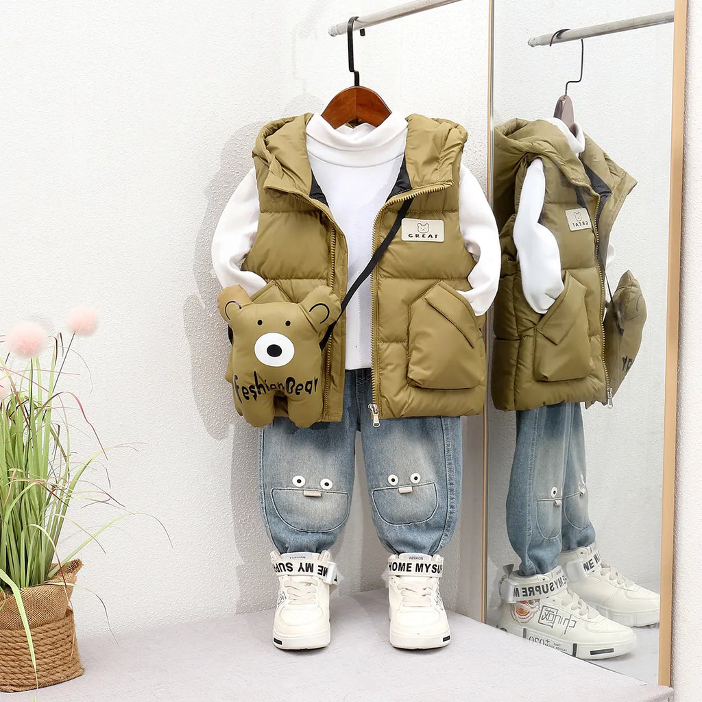 Boys Khaki Hooded Sleeveless Puffer Vest With Patch Pockets Coats & Jackets Khaki 2-3 Y