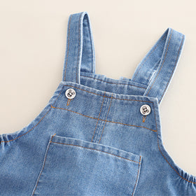 Girls Blue Polk Dot Printed Puff Sleeves Top With Denim Dungaree Set 2 pc. Sets