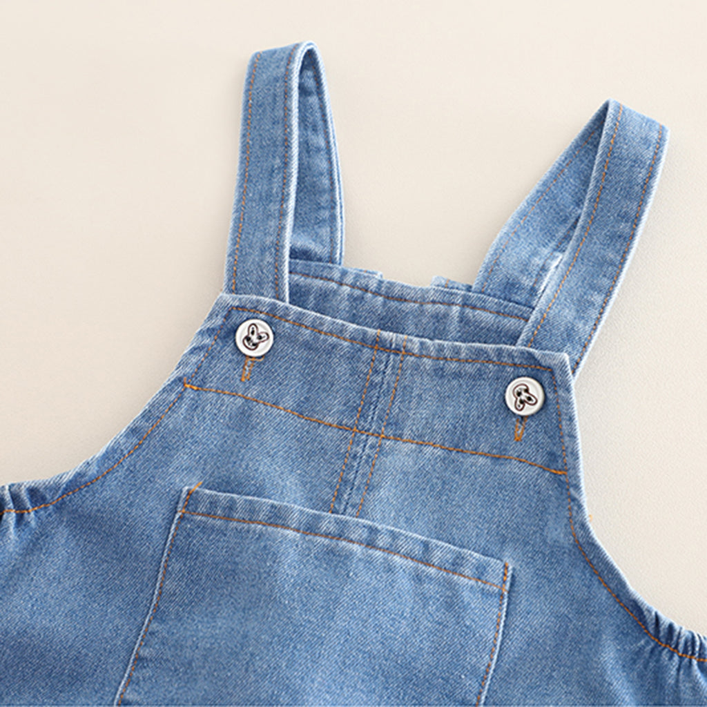 Girls Blue Polk Dot Printed Puff Sleeves Top With Denim Dungaree Set 2 pc. Sets