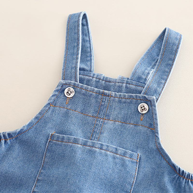 Girls Blue Polk Dot Printed Puff Sleeves Top With Denim Dungaree Set 2 pc. Sets