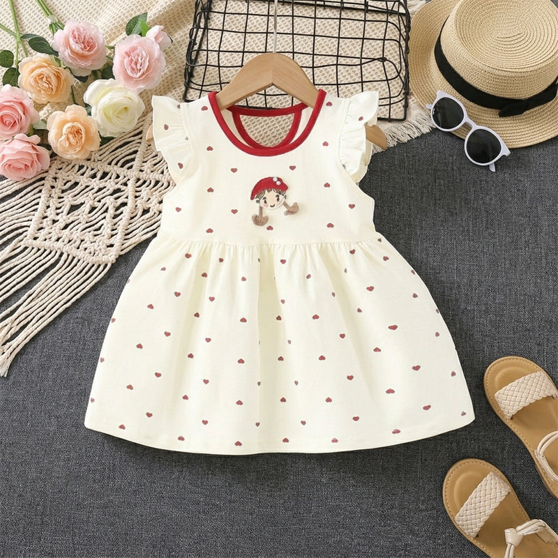 Girls White Heart Printed Flutter Sleeve A-line Dress With Applique Casual Dresses White 1-2 Y