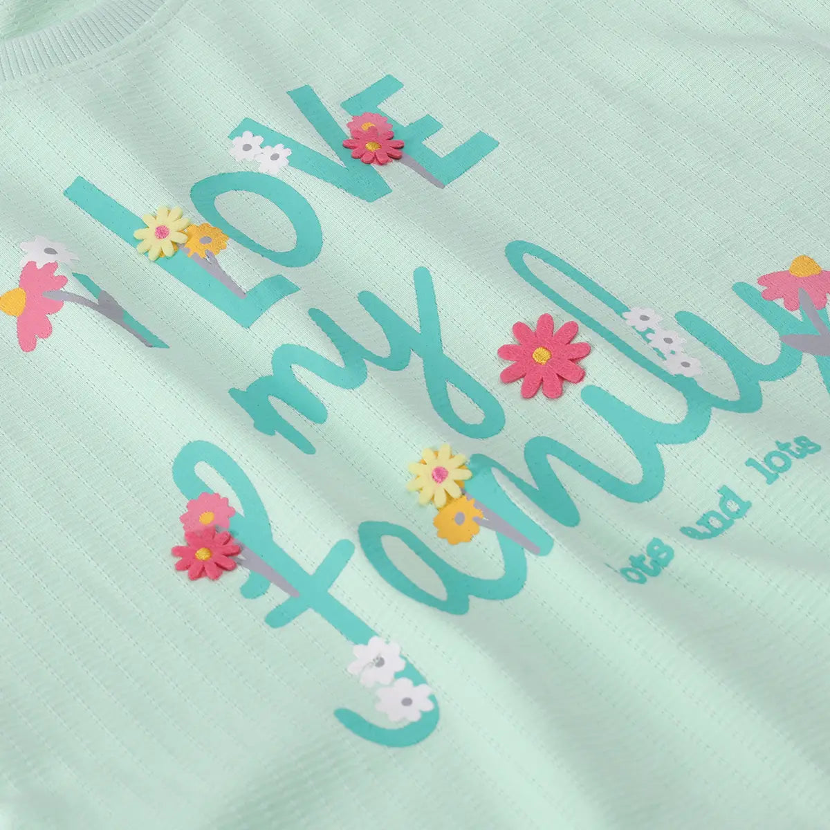 Girls Light Green Typographic Printed Top With Denim Shorts Sets 2 pc. Sets