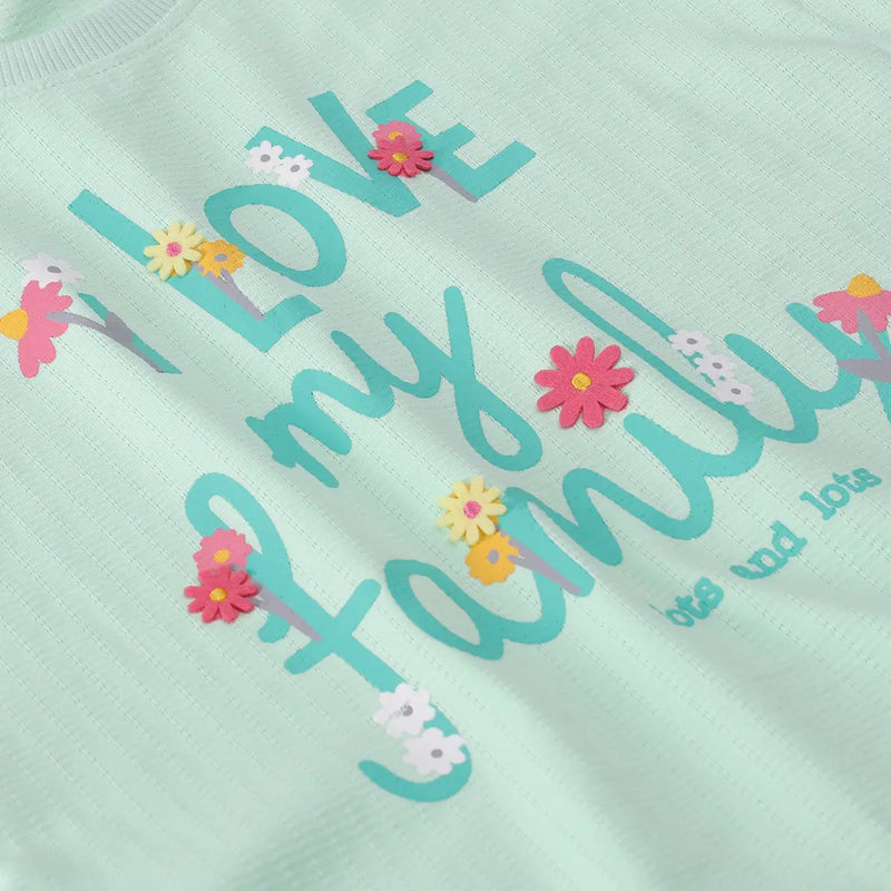 Girls Light Green Typographic Printed Top With Denim Shorts Sets 2 pc. Sets
