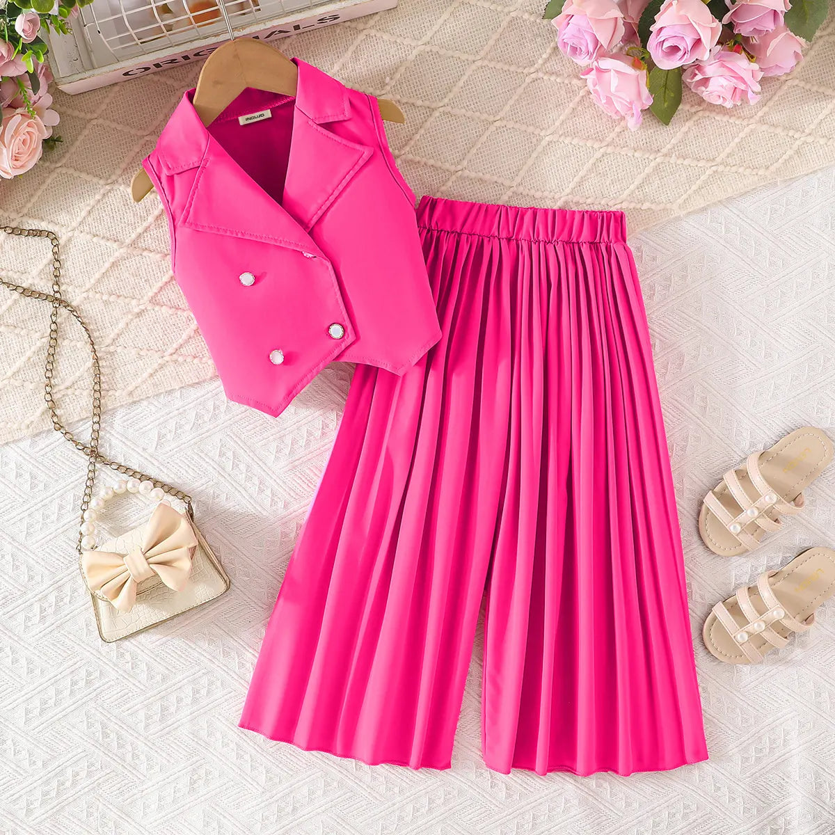 Girls Fuchsia Sleeveless Blazer Top With Pleated Flared Pant Co-ord Sets Sets Fuchsia 2-3 Y