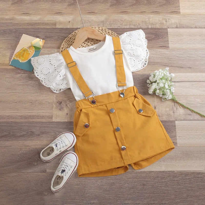 Girls Schiffli Flutter Sleeves Top With Mustard Suspenders Skorts Sets Sets