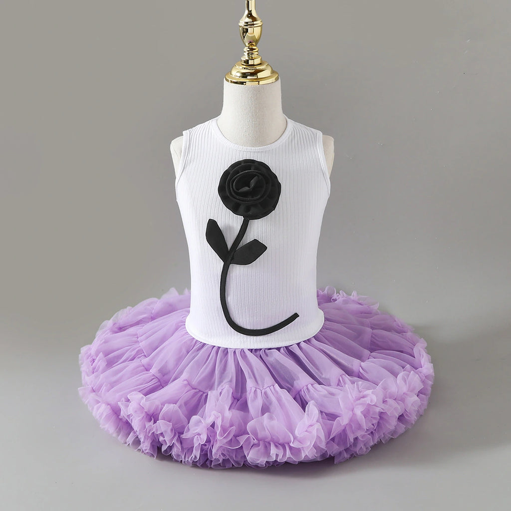 Girls Flower Applique Top With Purple Tiered Tulle Skirts Set Sets Purple 3-4 Y