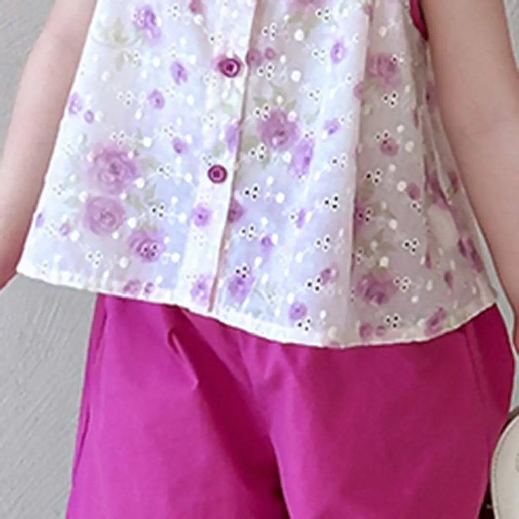 Girls Magenta Schiffli Mandarin Collar Top With Pants Sets