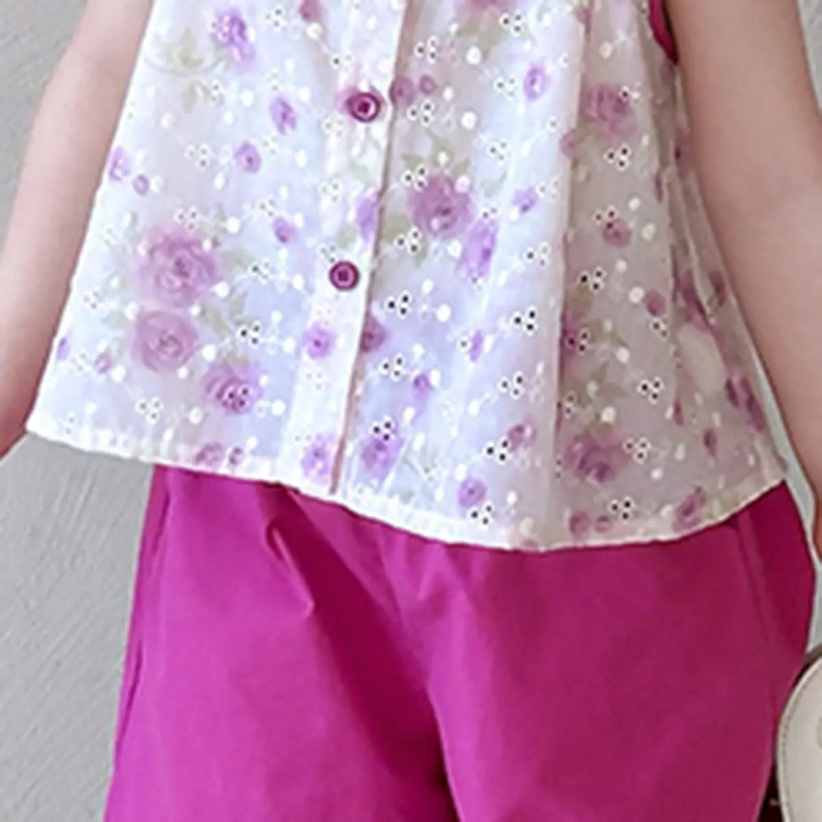 Girls Magenta Schiffli Mandarin Collar Top With Pants Sets
