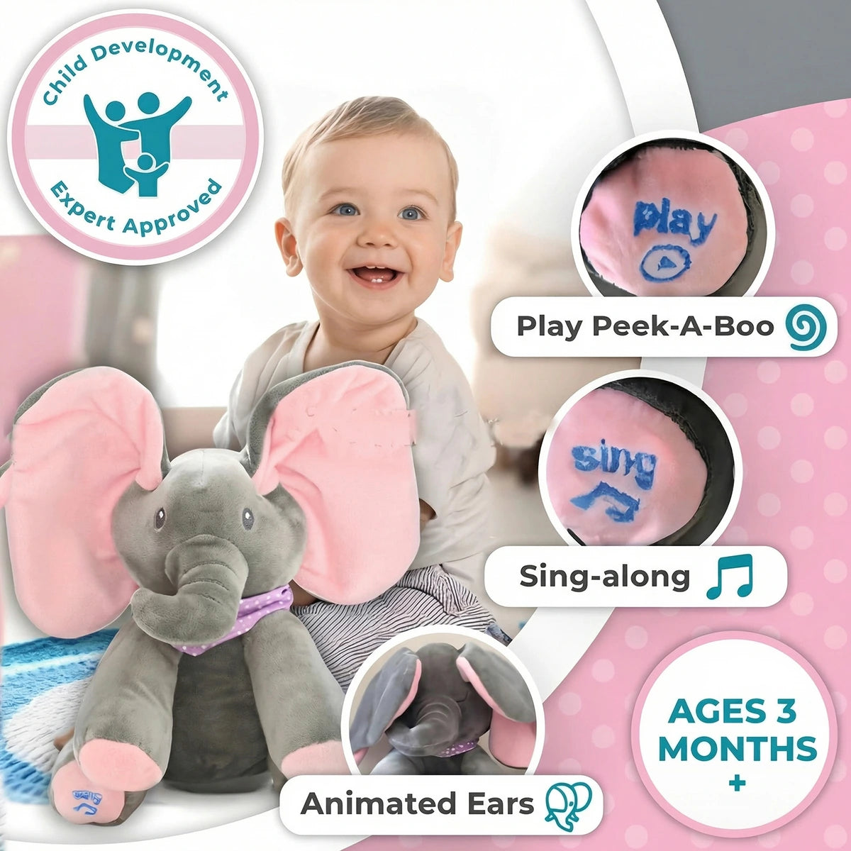 Baby Pink Peek-a-Boo Musical Elephant Plush Toy Trending Accessories