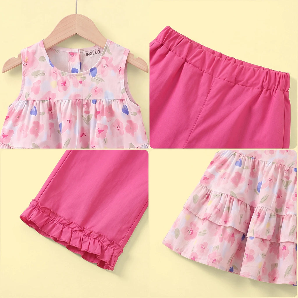 Girls Light Pink Floral Print Sleeveless Top With Pants Sets 2 pc. Sets