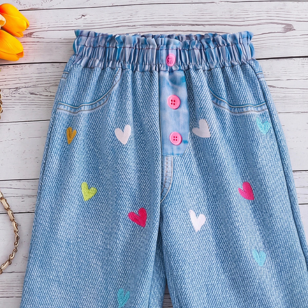 Girls Blue Heart Print Elasticated Denim Pants Pants
