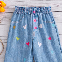 Girls Blue Heart Print Elasticated Denim Pants Pants