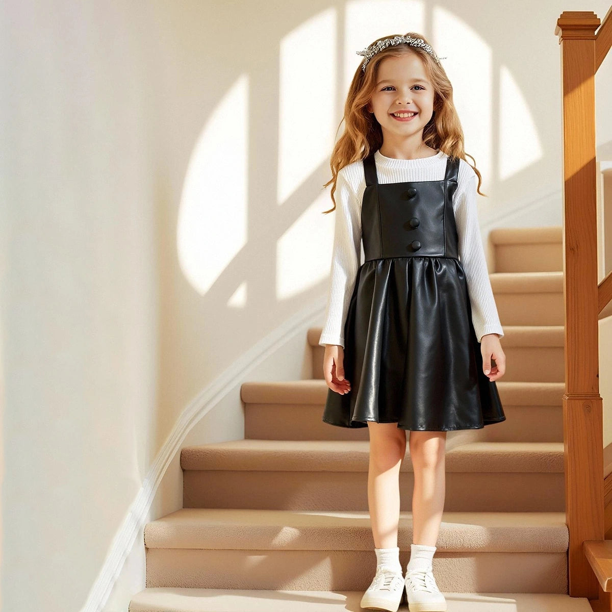 Girls Black Faux Leather Pinafore Dress With Long Sleeves T-Shirt Casual Dresses