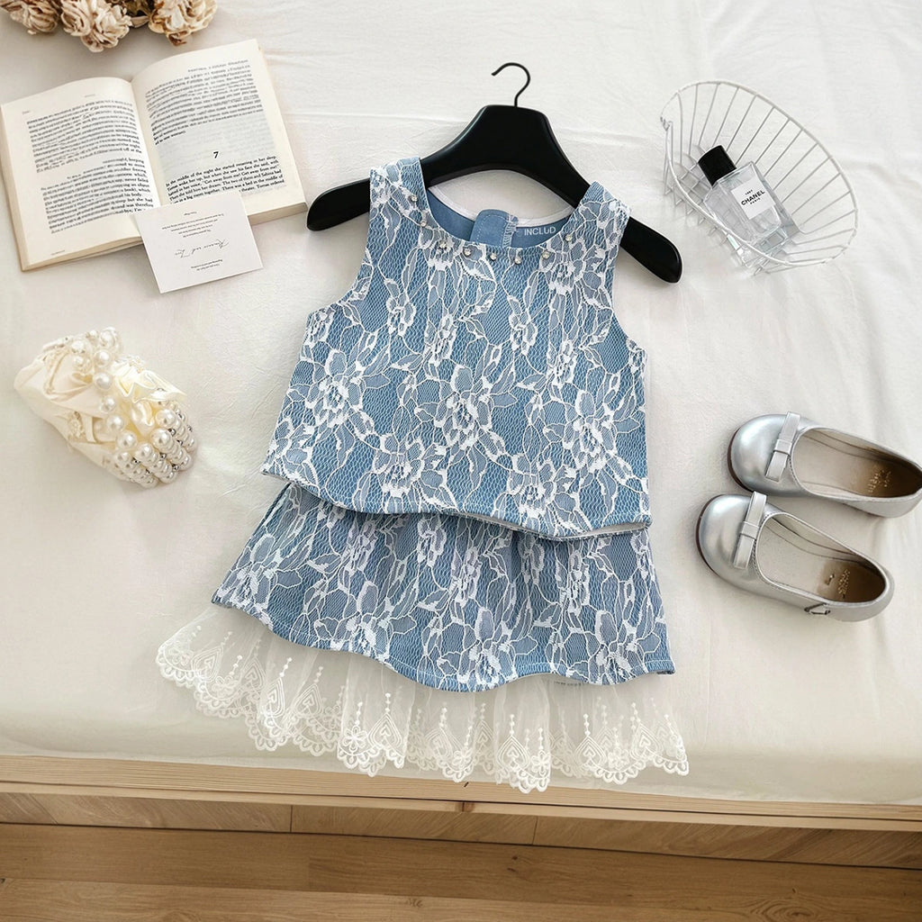 Girls Blue Floral Lace Sleeveless Top With Skirt Sets 2 pc. Sets Blue 2-3 Y