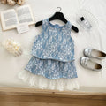 Girls Blue Floral Lace Sleeveless Top With Skirt Sets 2 pc. Sets Blue 2-3 Y