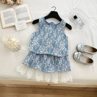Girls Blue Floral Lace Sleeveless Top With Skirt Sets 2 pc. Sets Blue 2-3 Y