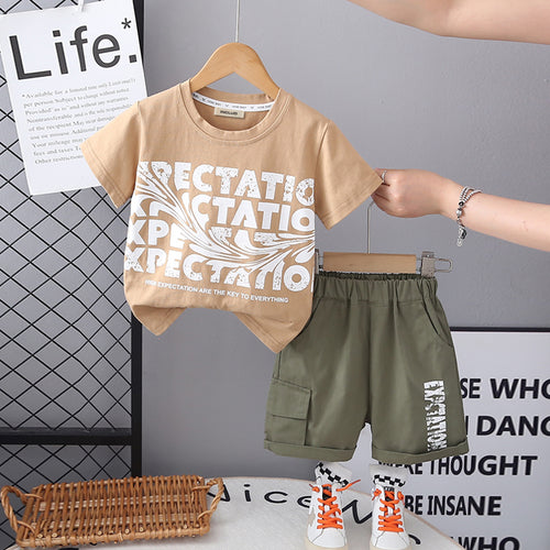 Boys Khaki Typographic Printed Short Sleeves Round Neck T-Shirt With Shorts Set 2 pc. Sets Khaki 2-3 Y