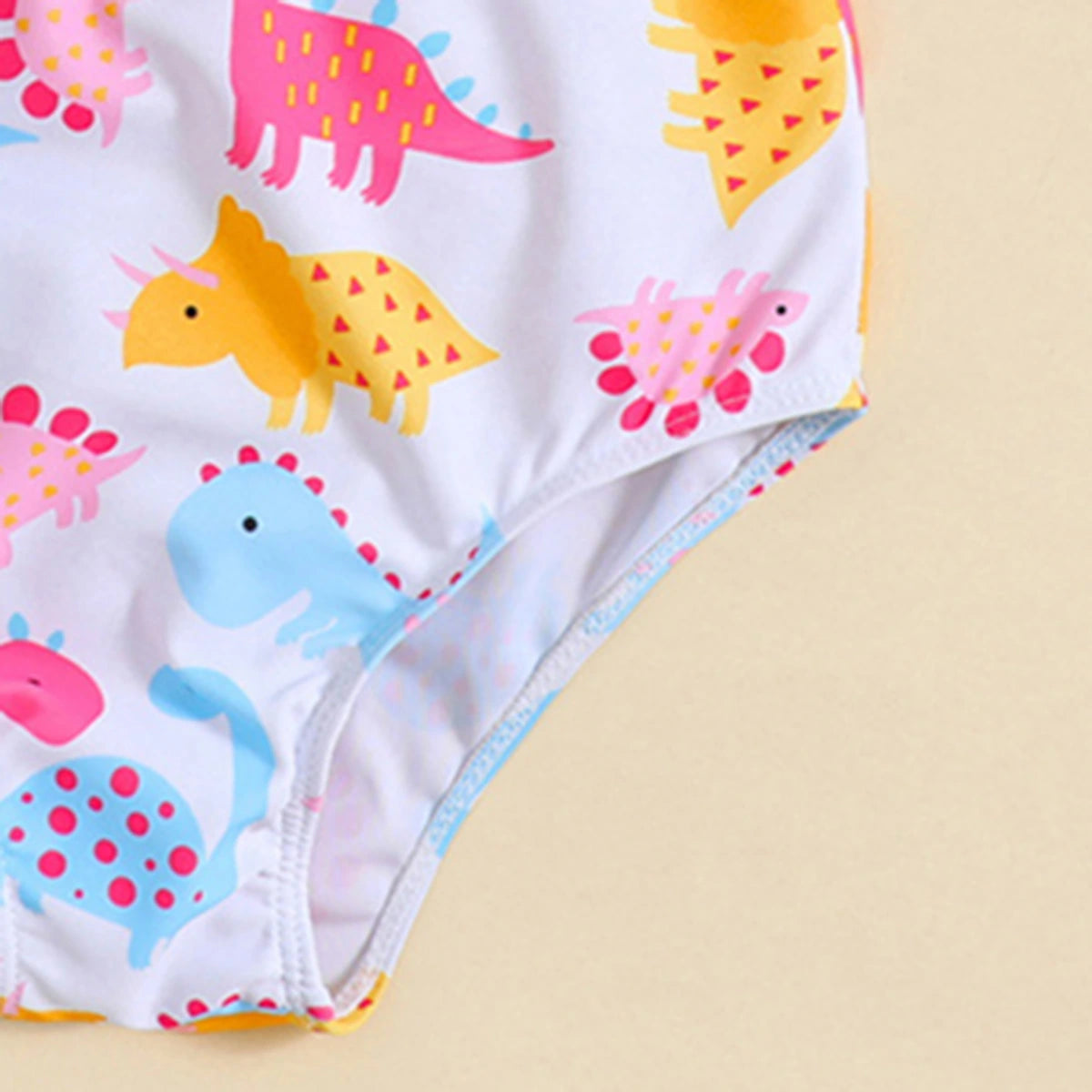 Girls White Dinosaur Printed One Shoulder Top With Briefs Swimwear Sets Sets