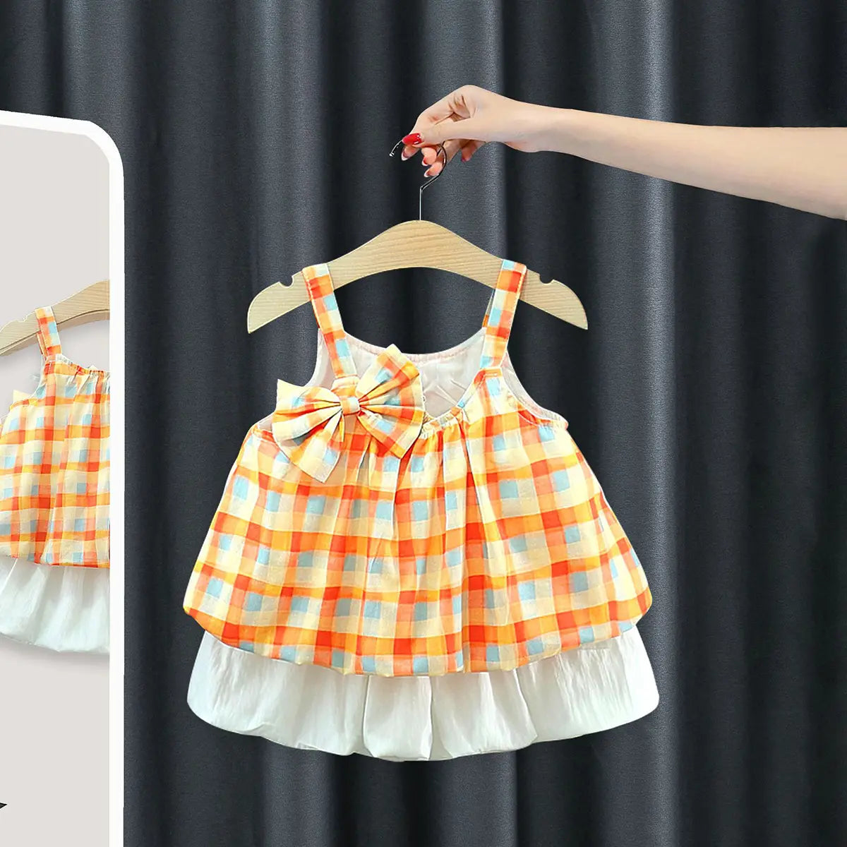 Girls Orange Checked Bow Top With Shorts Sets Sets Orange 1-2 Y