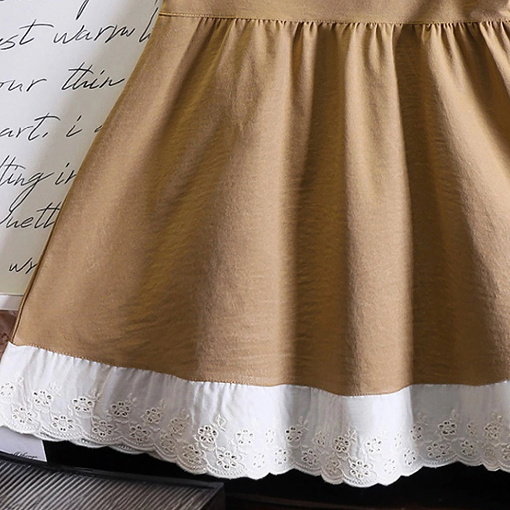 Girls Brown Sleeveless Fit & Flare Dress With Lace Hem Casual Dresses