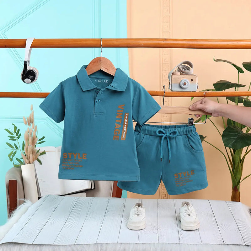 Boys Teal Typographic Printed Polo Short Sleeves T-Shirt With Drawstring Shorts Sets Sets Teal 6-12 M