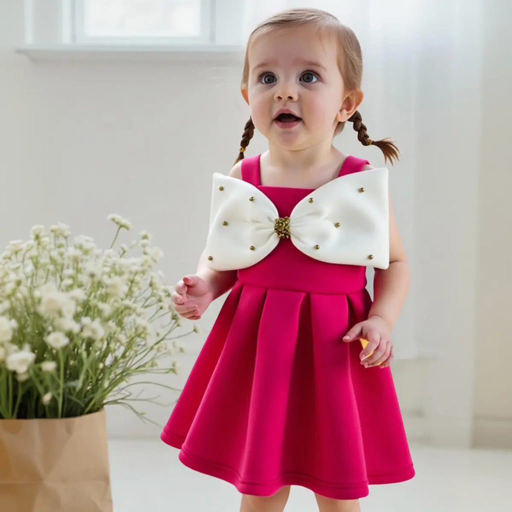 Girls Fuchsia Sleeveless Fit & Flare Party Wear Dress With Embellished Bow Applique Party Dresses