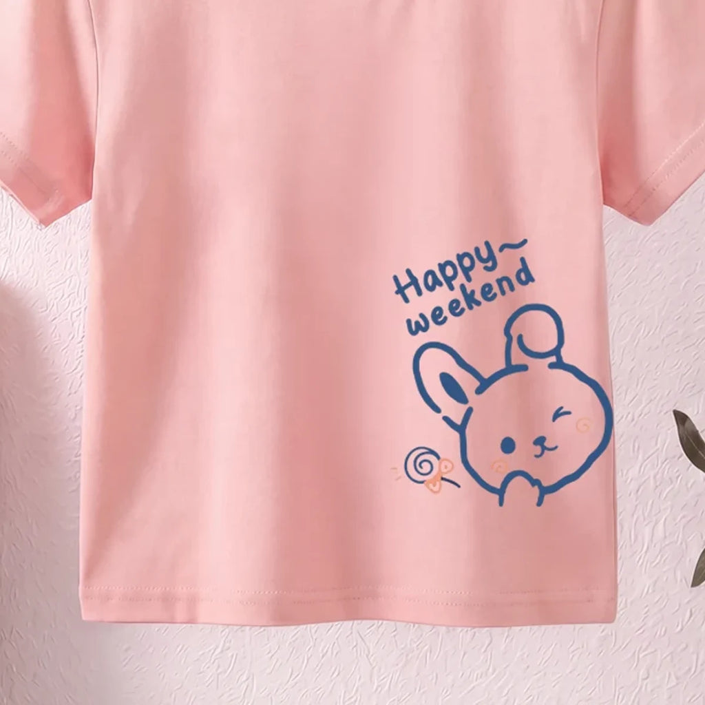 Girls Pink Short Sleeve Happy Weekend Typography Print T-Shirt Tshirts
