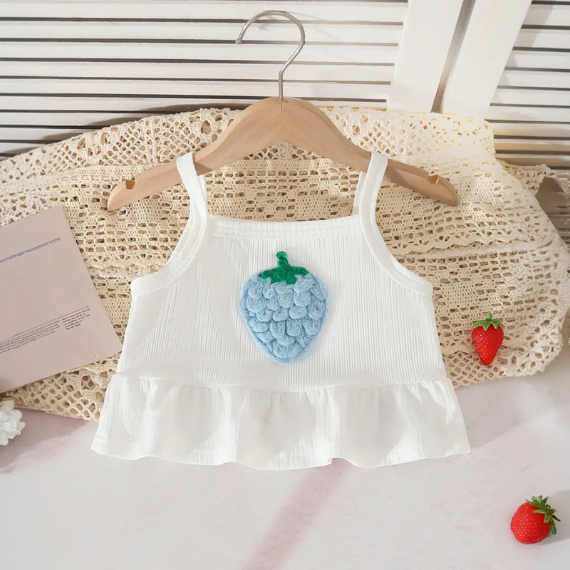 Girls Light Blue 3D Strawberry Applique Sleeveless Top With Denim Shorts Set Sets