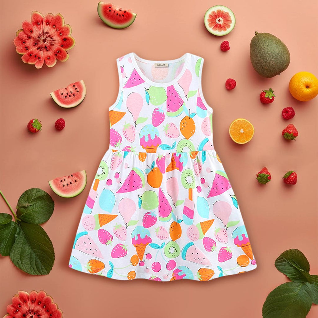 Girls Fruit Printed Sleeveless Fit & Flare Dress
