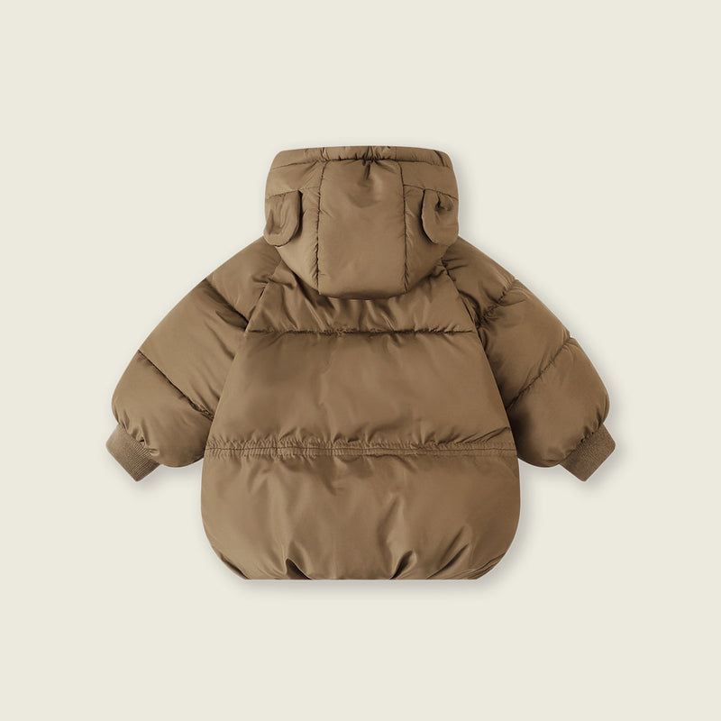 Girls Light Brown Solid Front Zipper Hooded Puffer Jacket Coats & Jackets
