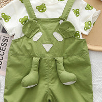 Boys Green Bear Printed Round Neck T-Shirt With 3D Teddy Bear Applique Dungaree Sets 2 pc. Sets
