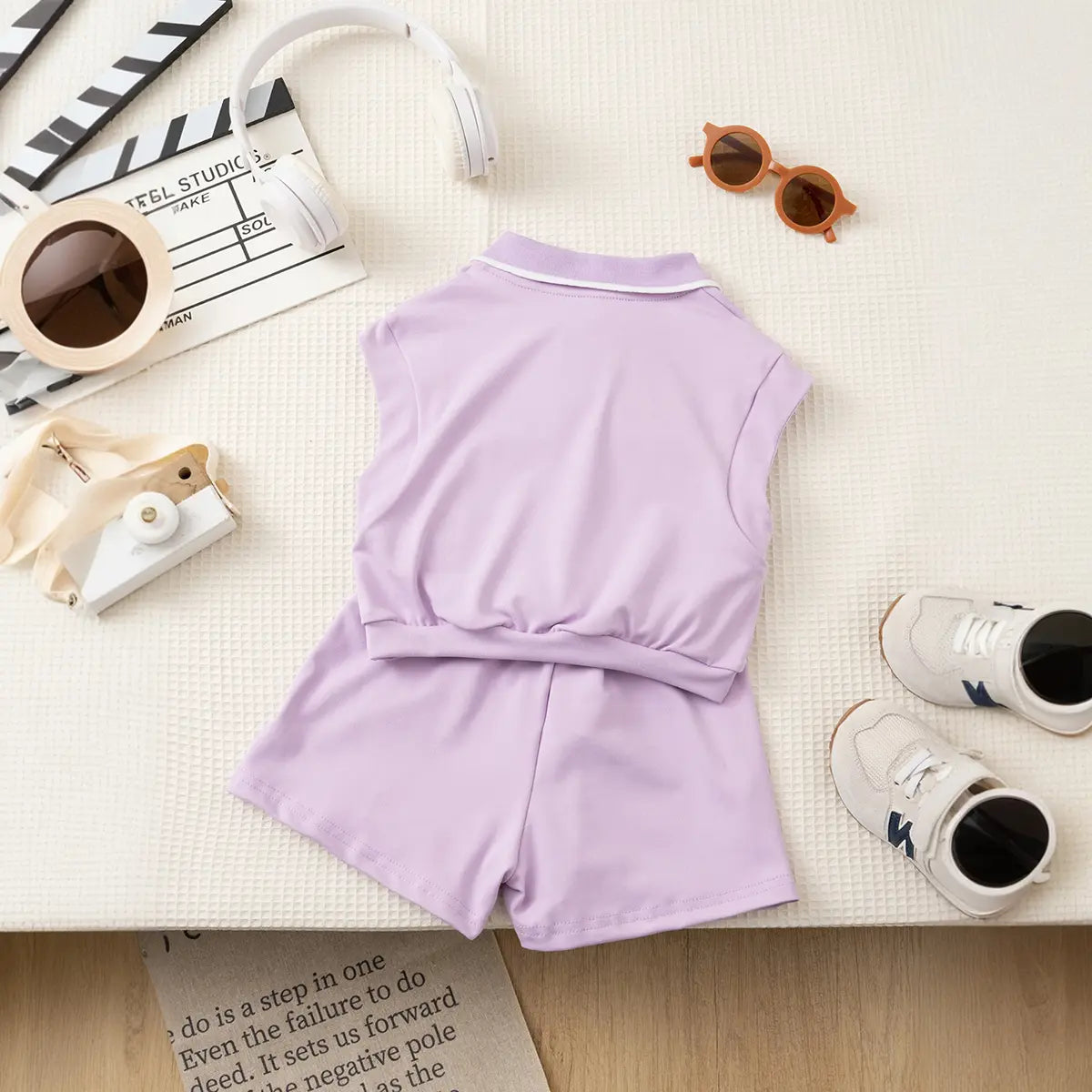 Girls Purple Bow Embroidered Sleeveless Polo Top With Shorts Co-ord Sets Sets
