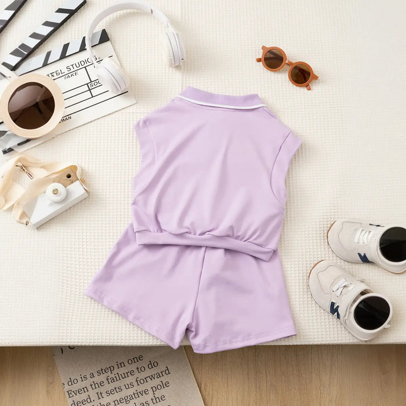 Girls Purple Bow Embroidered Sleeveless Polo Top With Shorts Co-ord Sets Sets