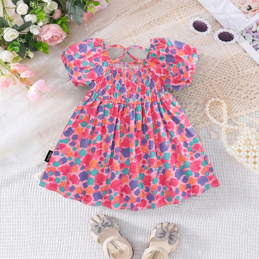 Girls Pink Seashell Printed Short Sleeve Smocked A-Line Dress Casual Dresses Pink 2-3 Y