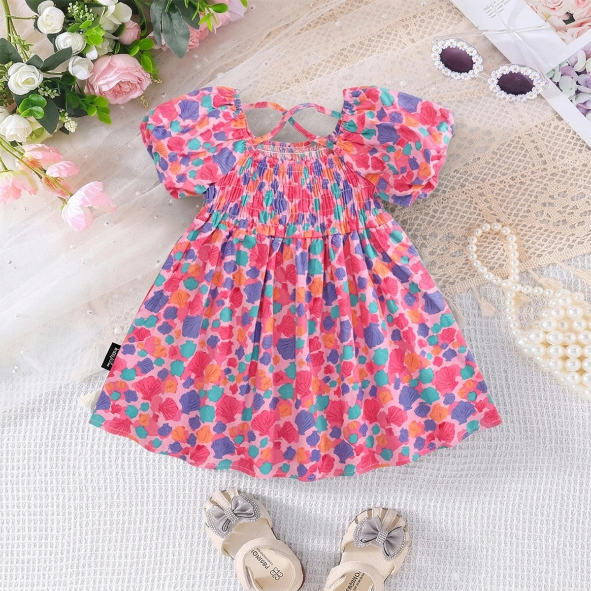 Girls Pink Seashell Printed Short Sleeve Smocked A-Line Dress Casual Dresses Pink 2-3 Y