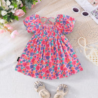 Girls Pink Seashell Printed Short Sleeve Smocked A-Line Dress Casual Dresses Pink 2-3 Y