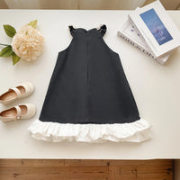 Girls Black Glass Stone Embellished A-line Dress With Contrast Ruffle Hem Casual Dresses