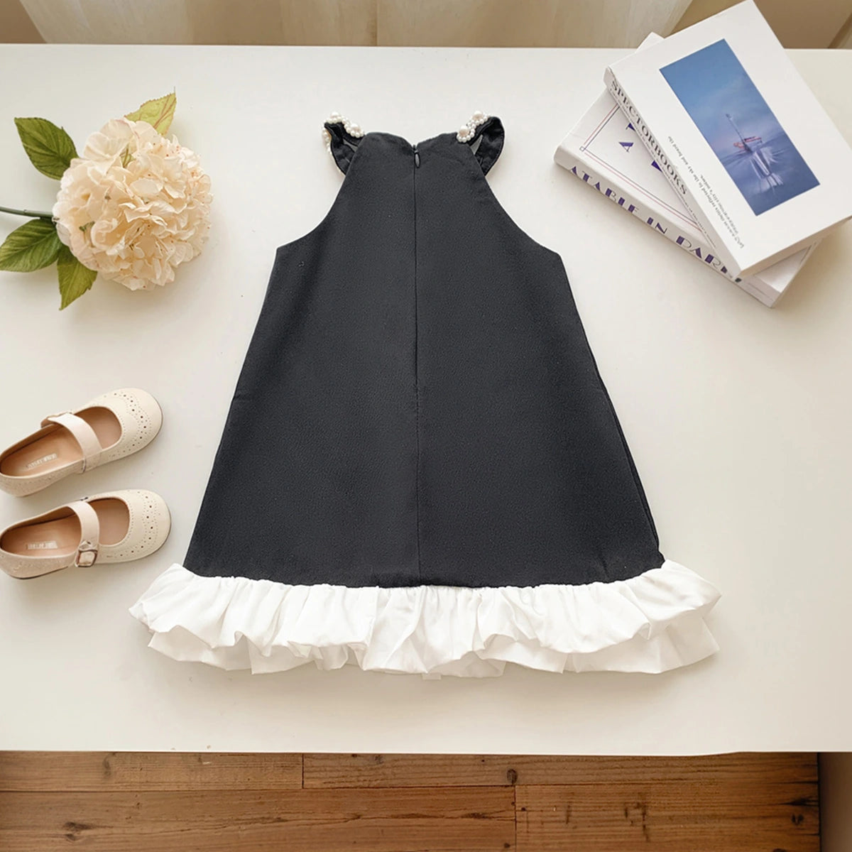 Girls Black Glass Stone Embellished A-line Dress With Contrast Ruffle Hem Casual Dresses