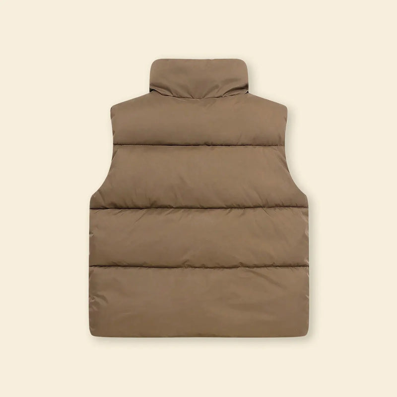 Boys Brown Quilted Puffer Vest With Stand-up Collar Coats & Jackets