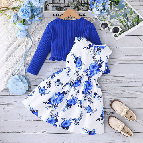 Girls Royal Blue Floral Printed Fit And Flared Dress With Shrug Casual Dresses