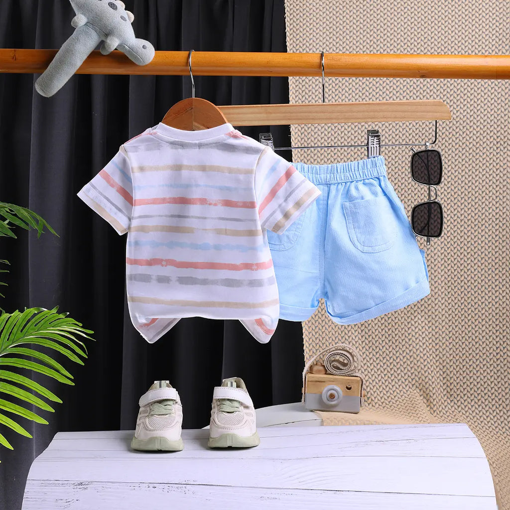 Boys Multicolor Stripes Short Sleeves T-Shirt With Shorts Sets Sets