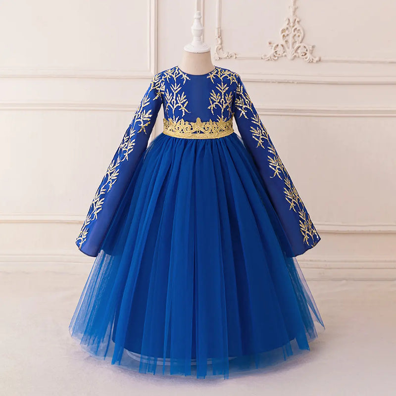 Girls Royal Blue Embroidered Gown With Long Sleeves Casual Dresses Royal Blue 3-4 Y