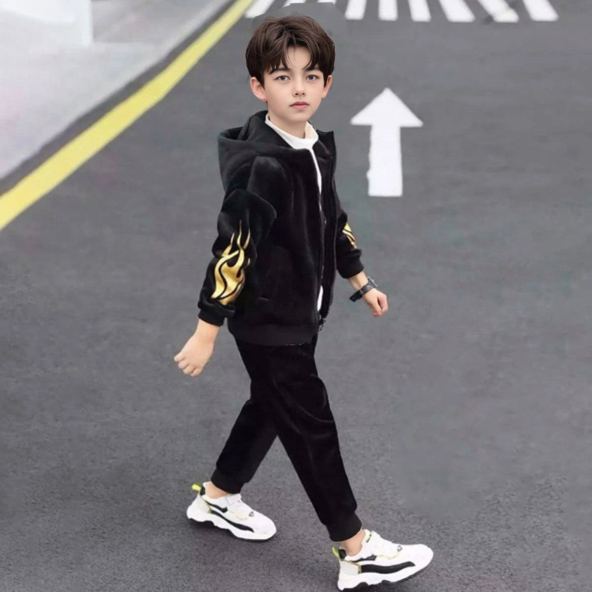 Boys Black Typographic Printed Hooded Zip-up Jacket With Jogger Sets Sets